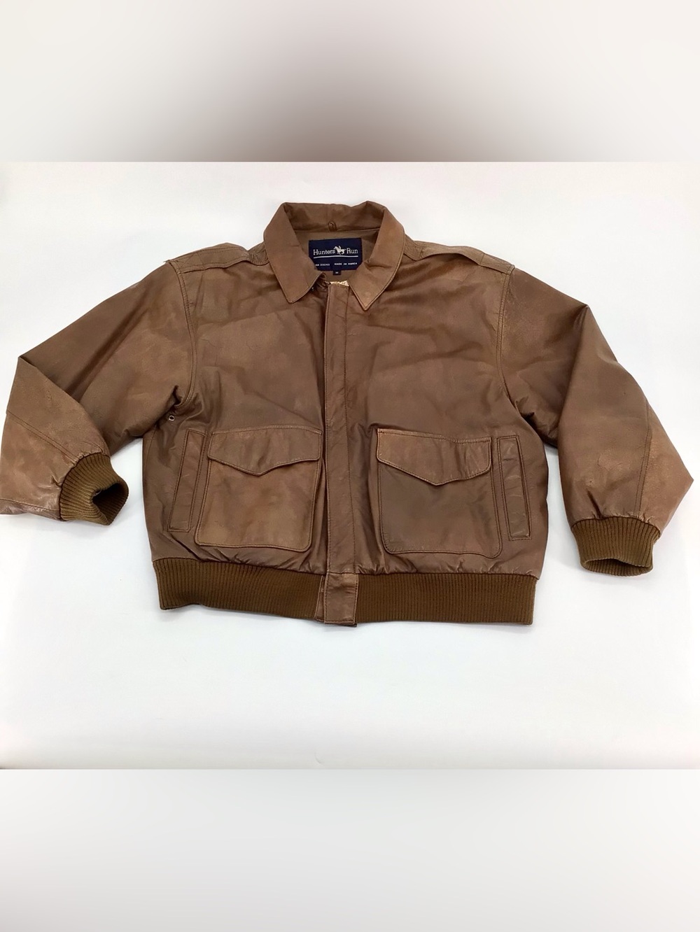 Hunters Vintage Run Bomber Jacket Mens Brown Leather Map Lining Full Zip Medium